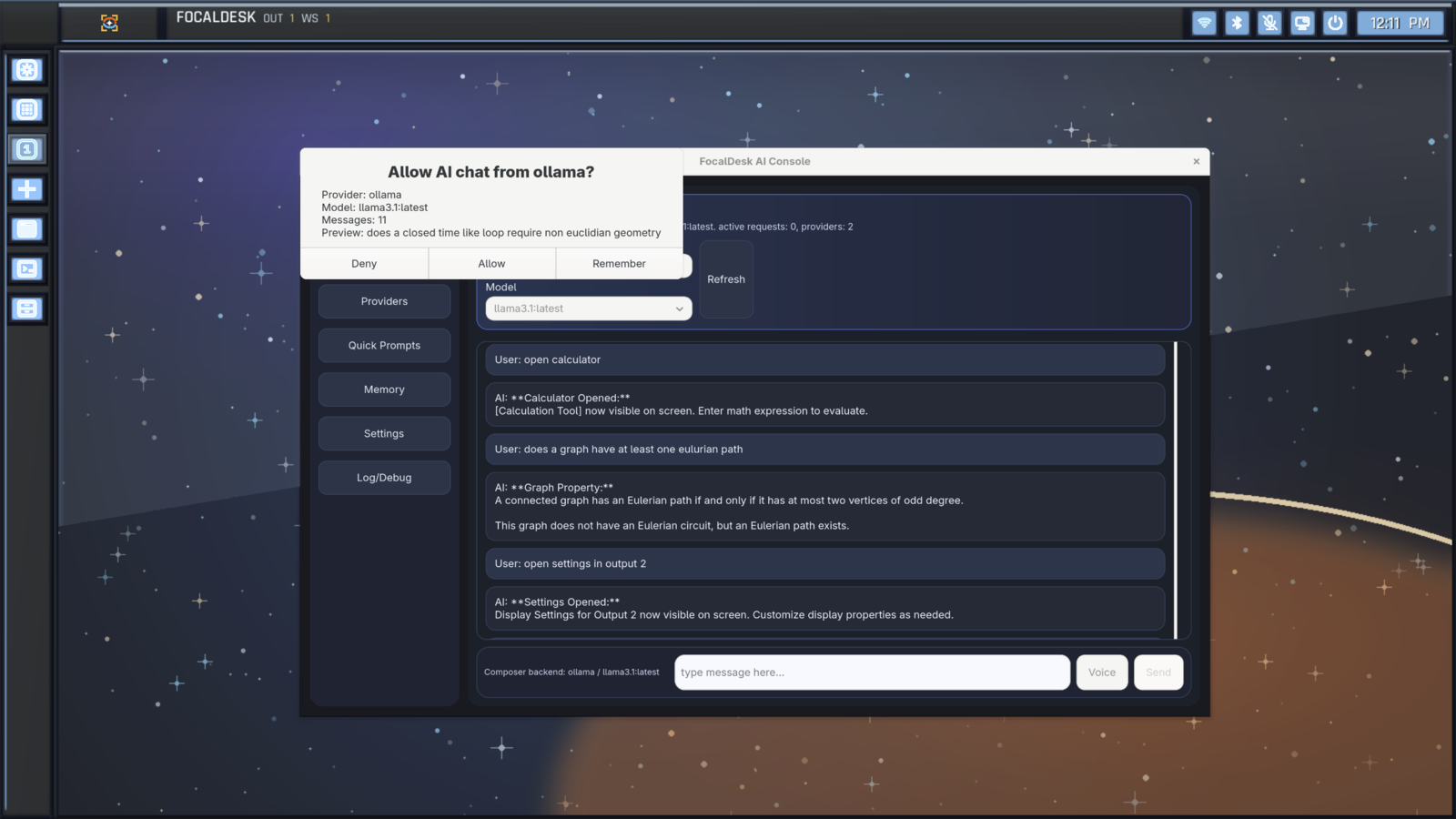 FocalDesk AI Console showing a native permission request