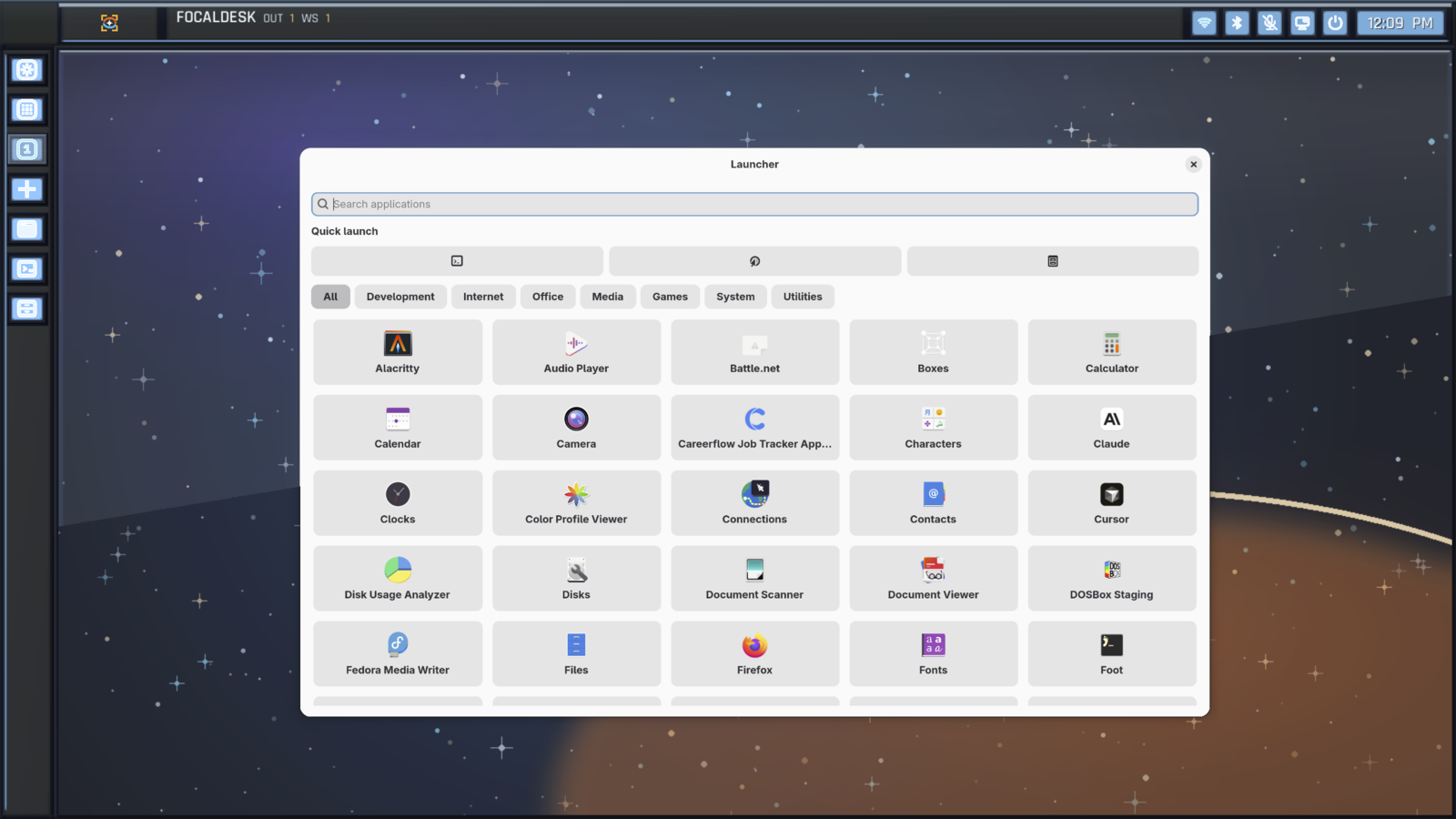 FocalDesk native application launcher open over the desktop