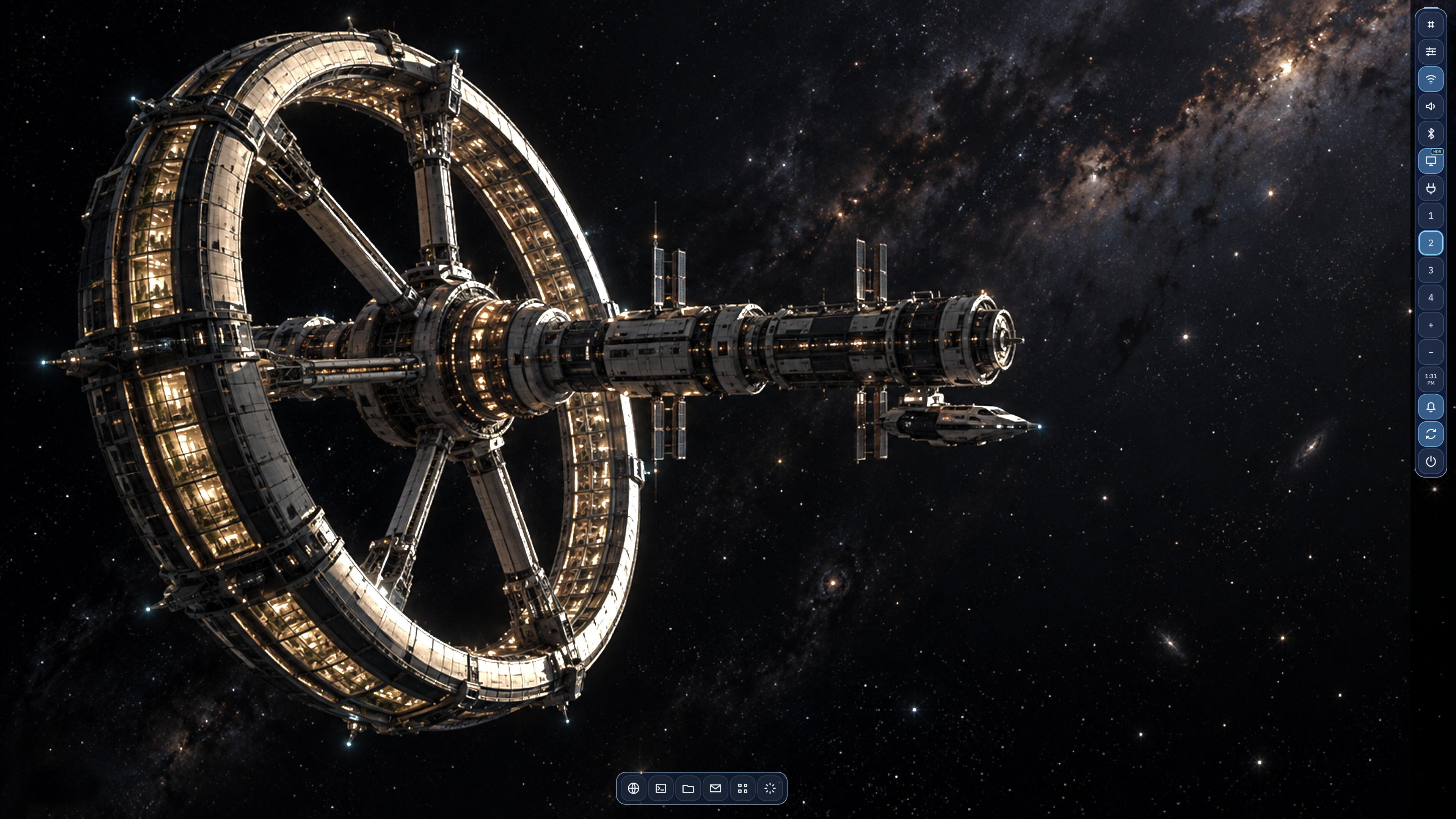 FocalDesk running the Deep Space theme, with blue controls over a space-station wallpaper