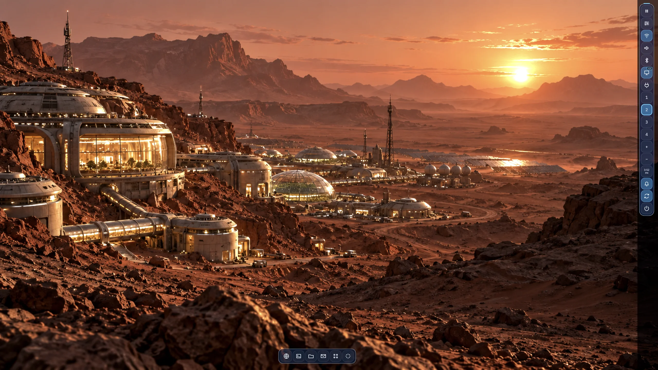 FocalDesk running the Mars Colony theme, with a warm amber control rail over a Martian settlement wallpaper
