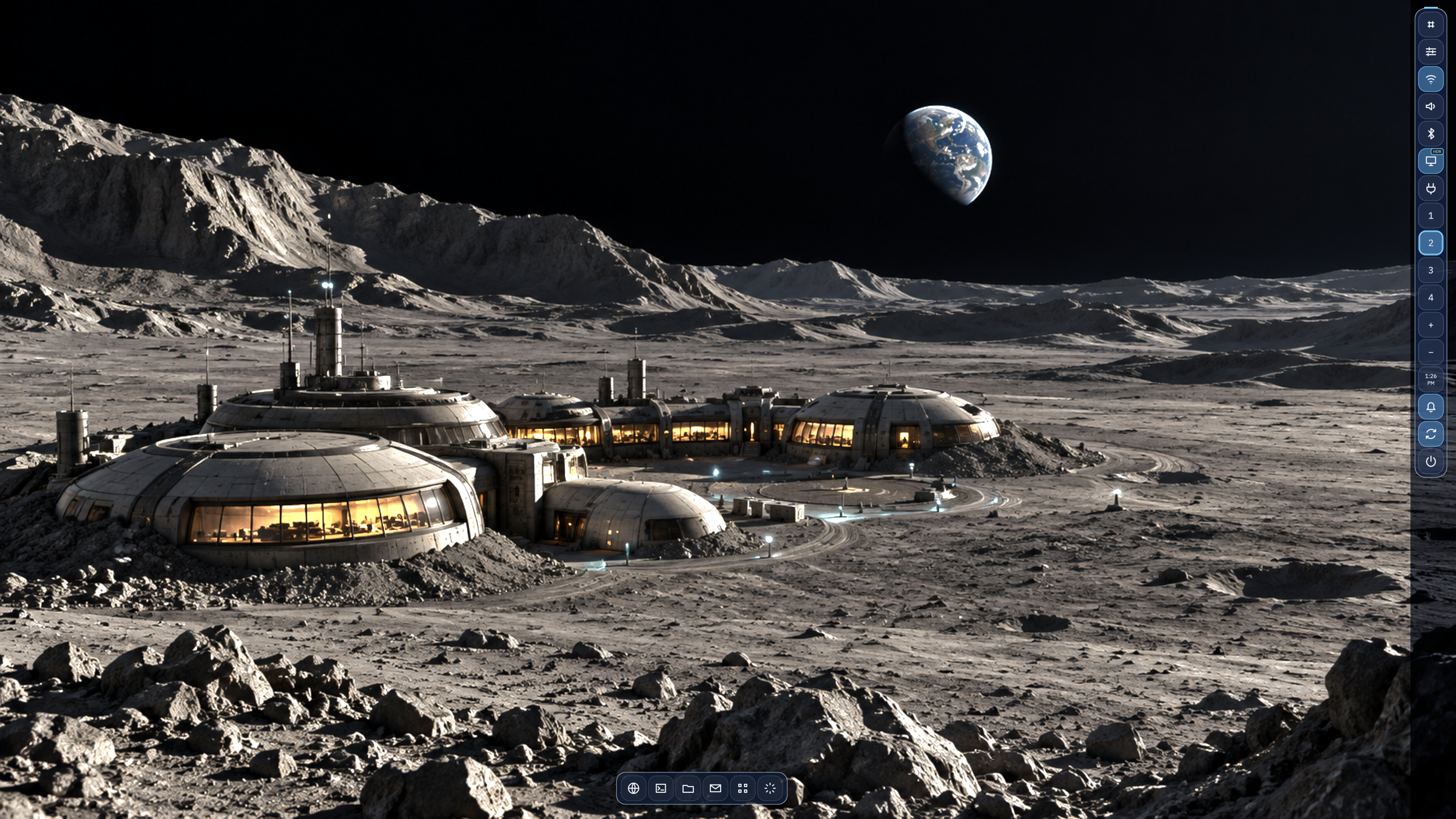 FocalDesk running the Moonbase theme, with its blue control rail and lunar-base wallpaper