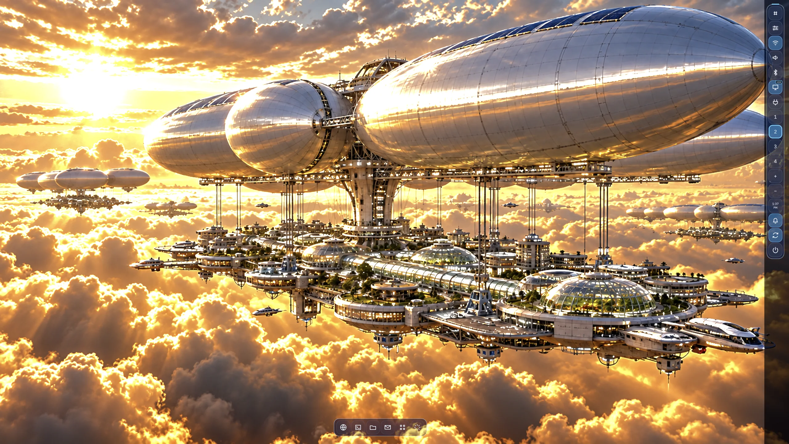 FocalDesk running the Venus Aerie theme, with warm controls over an aerial city wallpaper